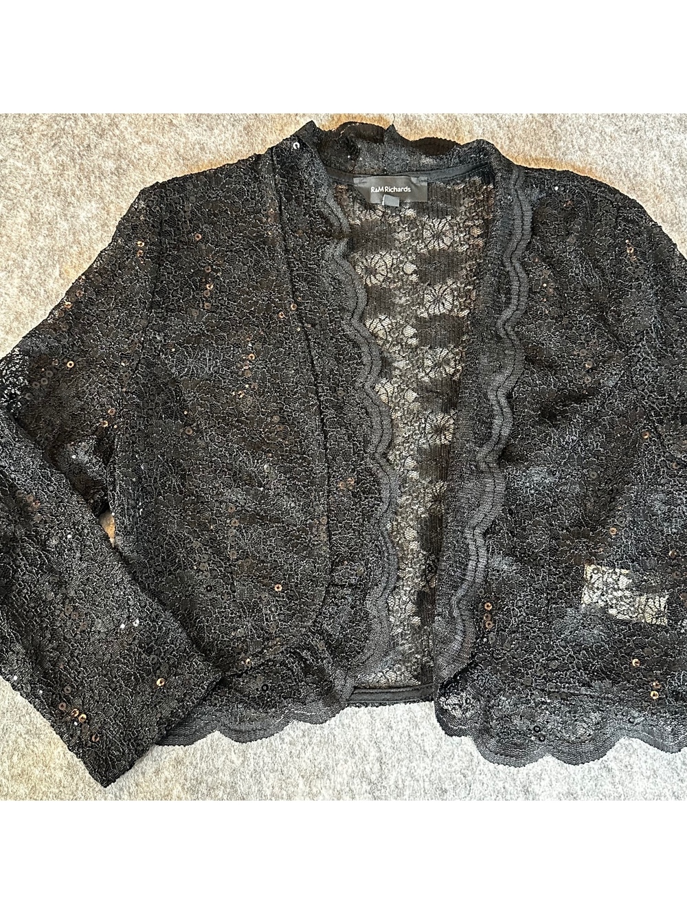 R+M Richards Black Scallop Lace Shawl Shrug Cardigan Whimsygoth Formal Holiday M
